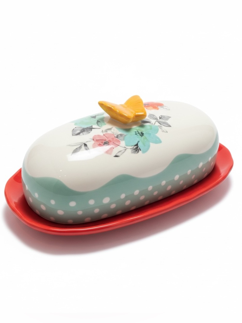Pioneer Woman Floral Ceramic Butter Dish with Butterfly Accent CottageCore Farm